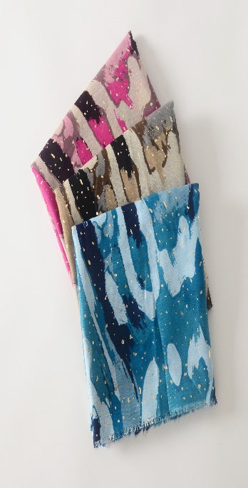 3 Assorted Lux Viscose Abstract Print with Gold Foil Scarf (Pack of 12)