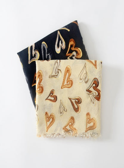 2 Assorted Lux Viscose Heart Print with Gold Foil Scarf (Pack of 12)